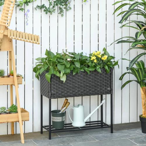 poly-rattan-hochbeet-blumenkasten-mit-fuessen-blumentopf-mit-ablage-mischbraun-70x30x70cm