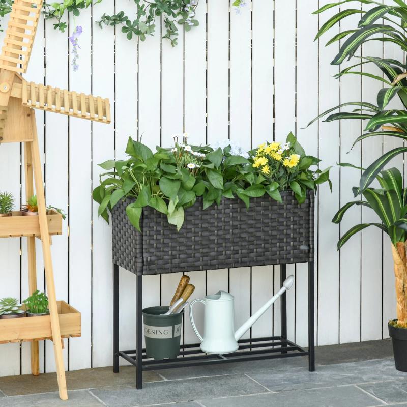 poly-rattan-hochbeet-blumenkasten-mit-fuessen-blumentopf-mit-ablage-mischbraun-70x30x70cm