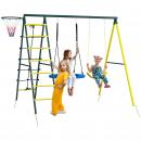 Mobile Preview: kinderschaukel-set-4-in-1-schaukelgeruest-schaukelgestell-mit-2-schaukeln-basketballkorb-kletterleiter-gartenschaukel-fuer-3-8-jahre-kinder-stahl-gelb
