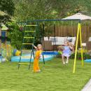 Mobile Preview: kinderschaukel-set-4-in-1-schaukelgeruest-schaukelgestell-mit-2-schaukeln-basketballkorb-kletterleiter-gartenschaukel-fuer-3-8-jahre-kinder-stahl-gelb